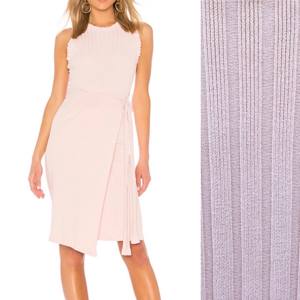 Milly Sheath Dress Ribbed Ruffle Tie Wrap Ballet Pink Stretch Bodycon Midi